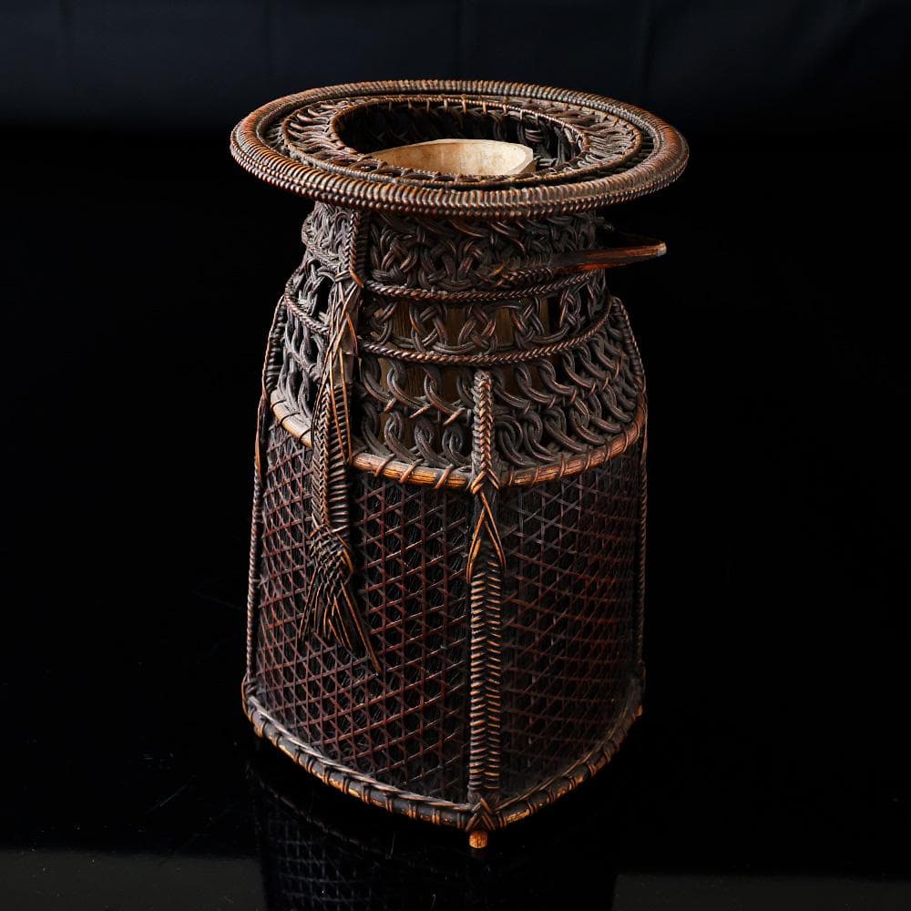 花生籠 掛花入 縄目編み 組紐細工 六ツ目編み 網代 花器 茶道具 木箱入