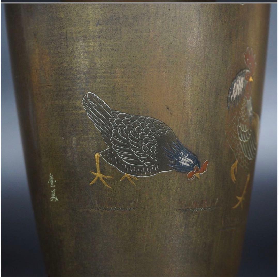 送料無料　幕末～明治期　金銀象嵌銅製花瓶　在銘　高さ24ｃｍ