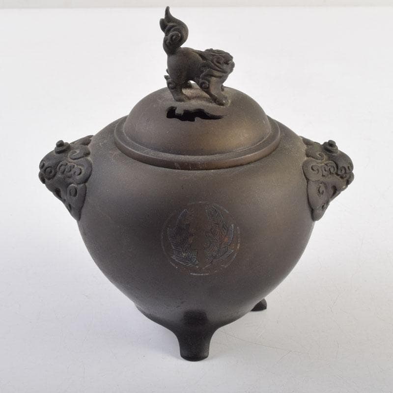 中国　古銅宣徳銅　獅子摘　刻漢詩文　三つ足香炉　N　9001