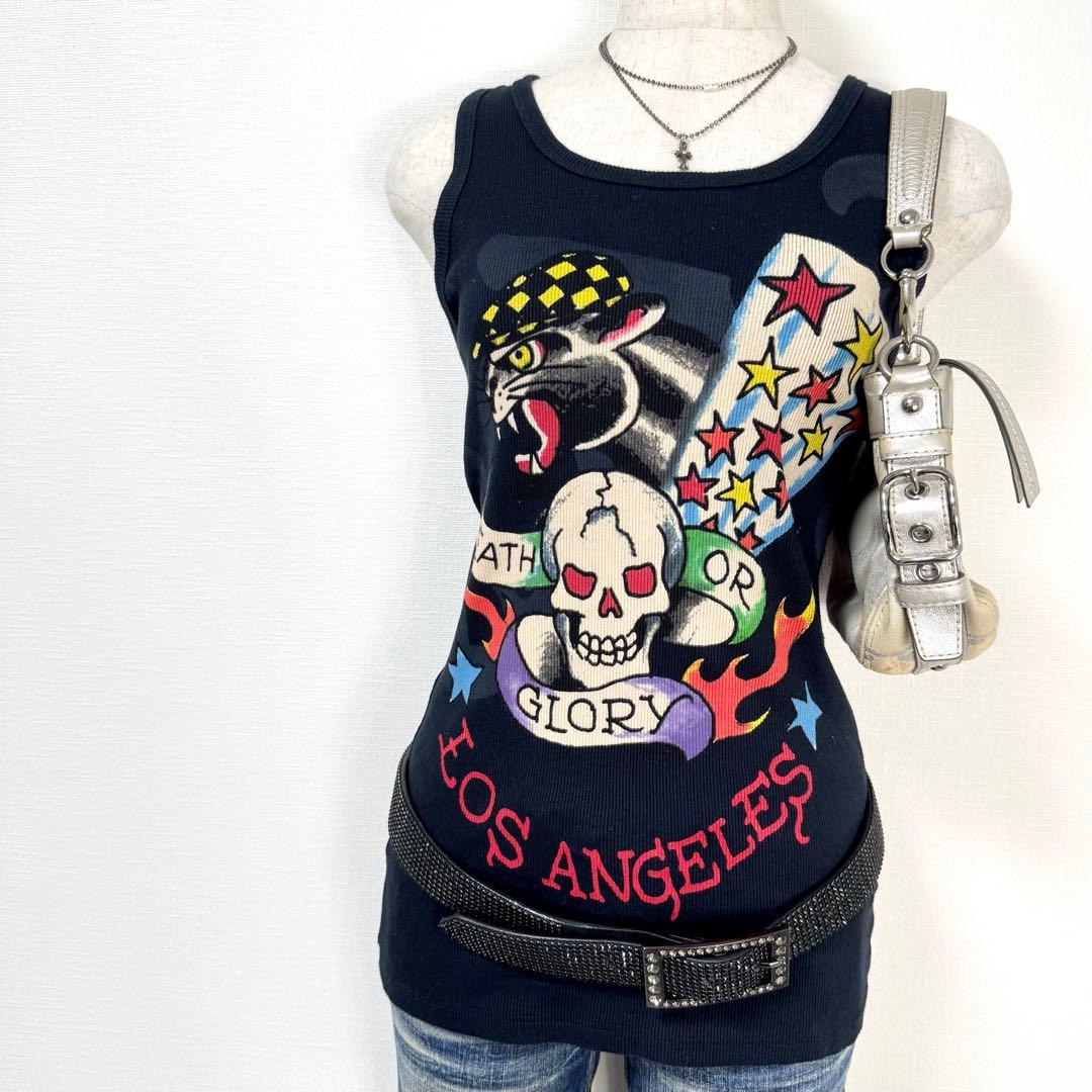 y2k❤️ 00s Ed Hardy スカル 両面ロゴ リブ タンクトップ