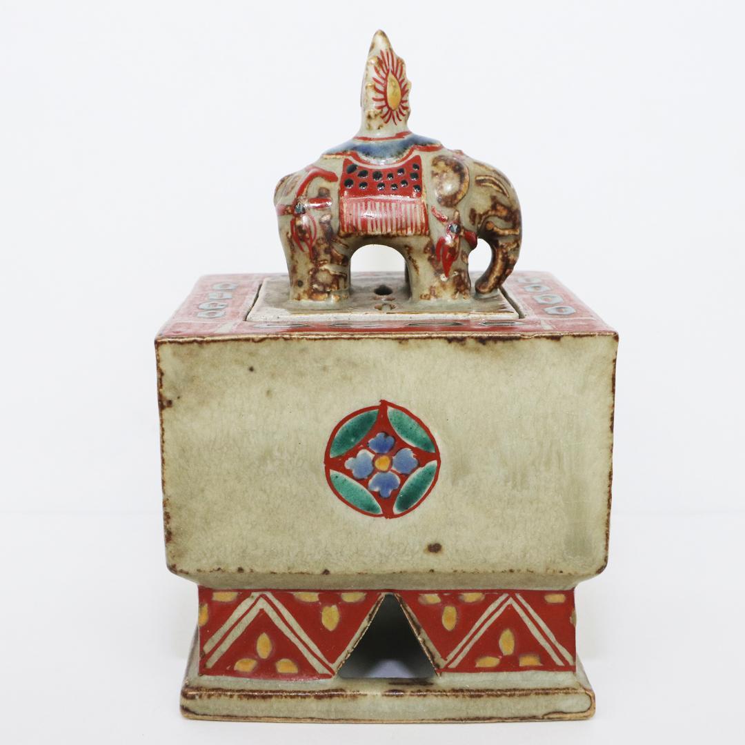 陶芸家 道林俊正作 色絵 七宝文 象香炉 共箱