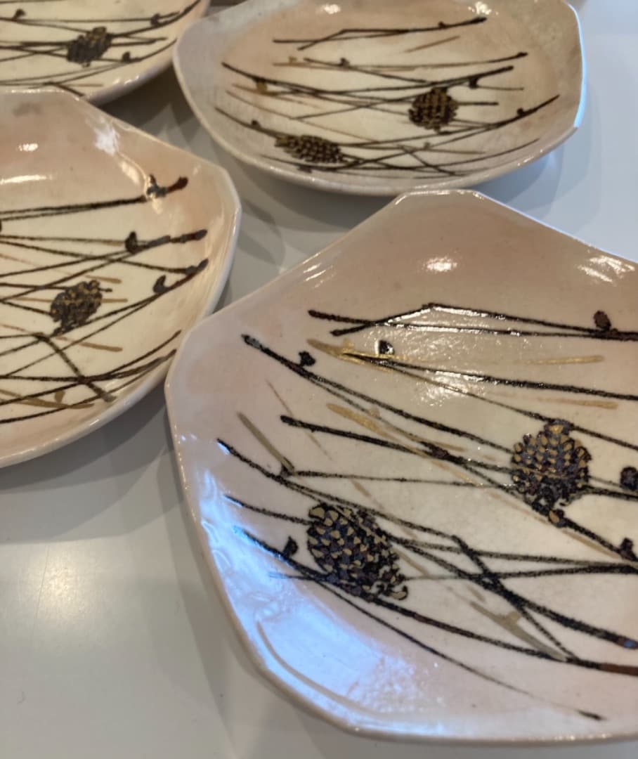 華中亭道八 松と松ぼっくりの銘々皿 四客 希少時代物