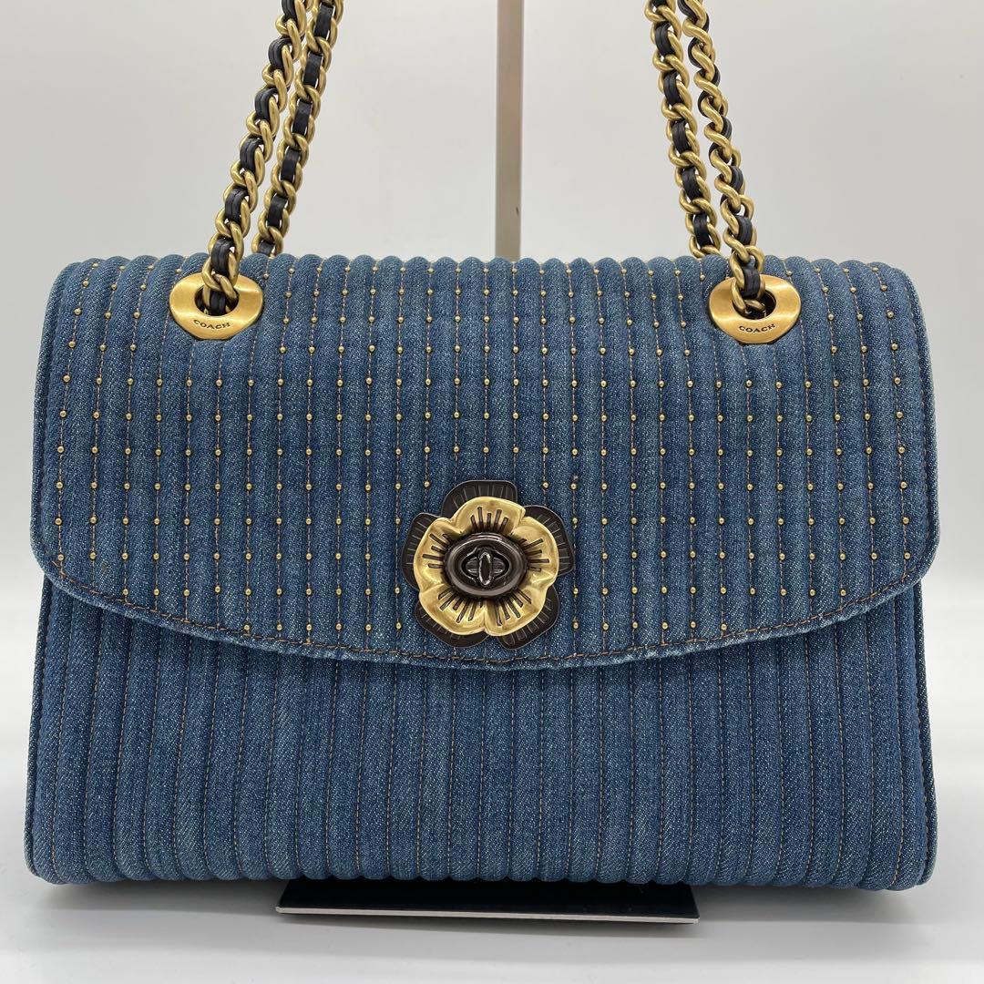 【極美品】コーチ　ショルダーバッグ　ティーローズ　ターンロック　デニム　青