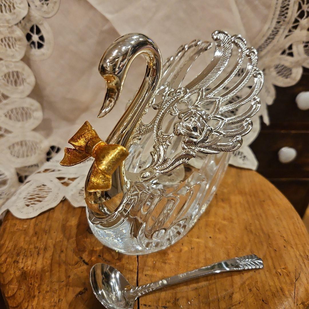 フランスアンティーク風　スワン　白鳥　ガラス製 白鳥 デザイン スプーン付き