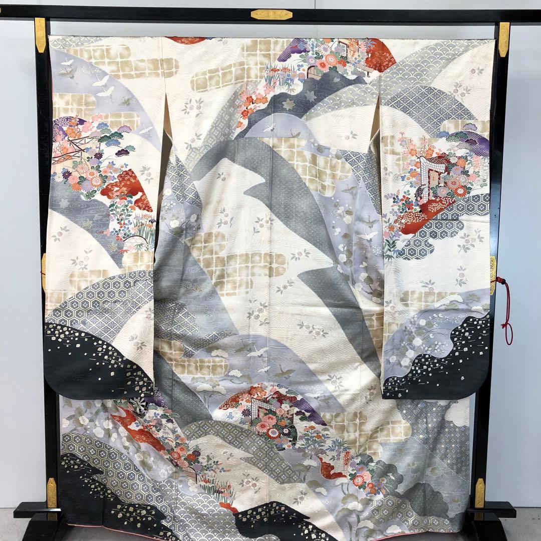 振袖 御所車 花模様 花亀甲 生成色 金彩 トールサイズ KK-2123