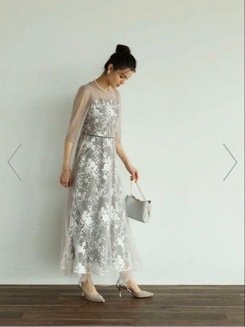 【SALE】Rire Fete ボタニカル刺繍チュールドレス38