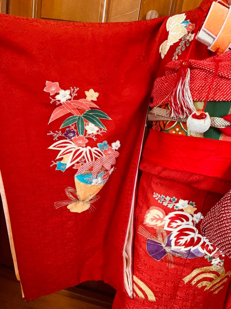 七五三　三歳の女の子のお支度　正絹お宮参り初着　襦袢まで全て正絹お着物フルセット