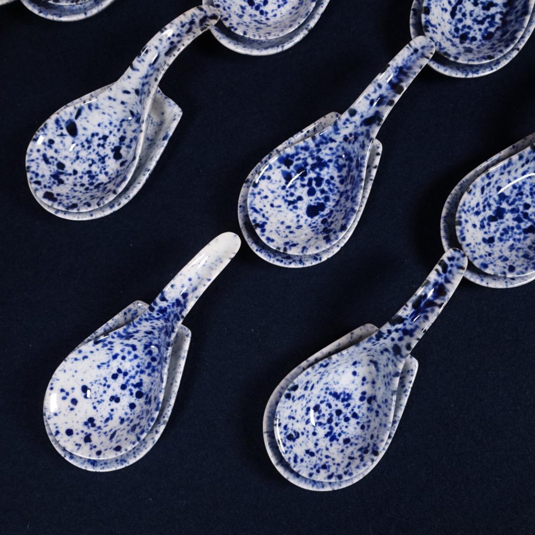 京焼 川尻一寛 禎山窯 染付 吹墨 レンゲ形 珍味入 10客 台座付