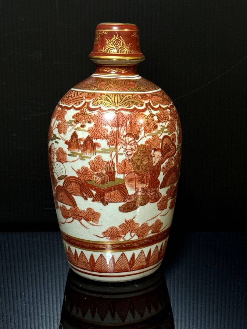 湖東焼 金蘭赤絵 人物図 花瓶 徳利 在銘