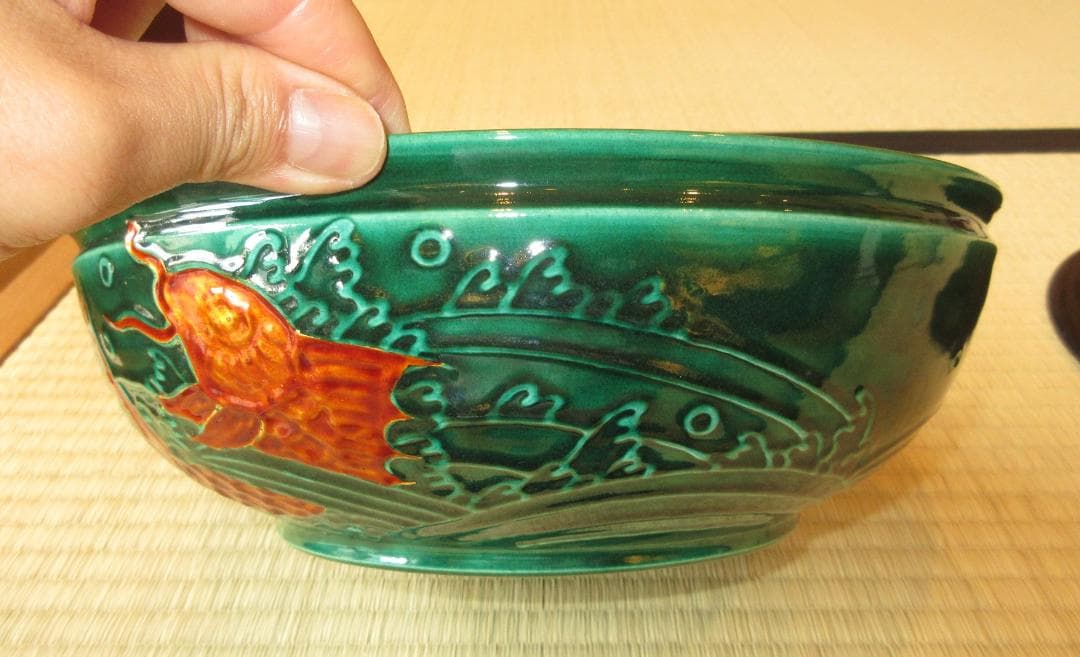 送料込【逢絢亭】茶道具 平水指 萬古焼 青交趾 荒磯の図 割蓋付 加賀瑞山 共箱