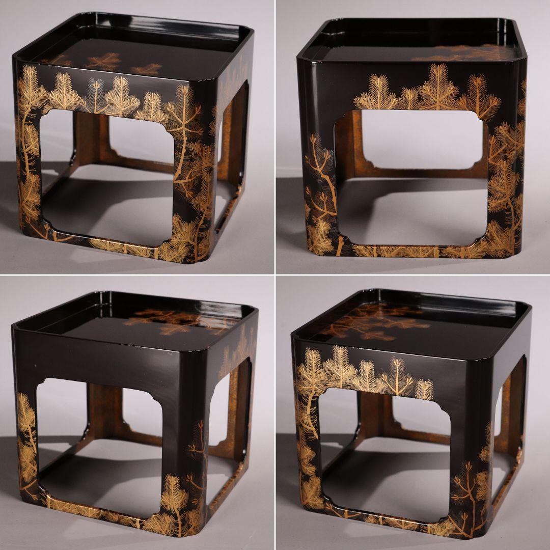 MA243 加賀蒔絵 能楽・翁 本金高蒔絵 朱塗三ッ盃・盃台 松蒔絵 木製 杯