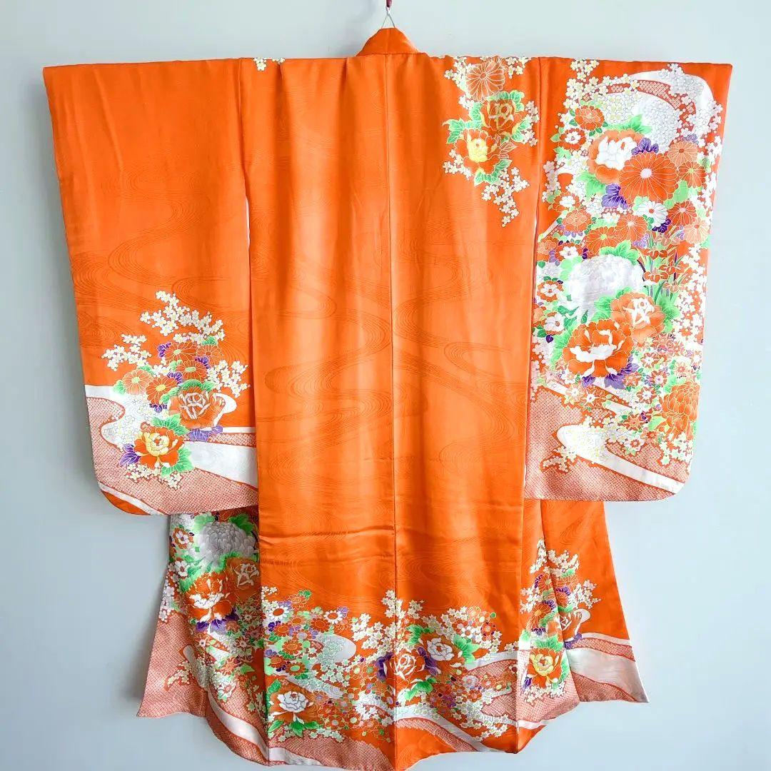 美品　フルセット　七五三７歳女の子　着物　化繊　オレンジ　51975