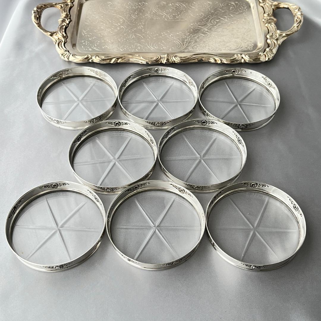 【Webster】薔薇のレリーフのコースター 8枚【純銀 / ガラス】