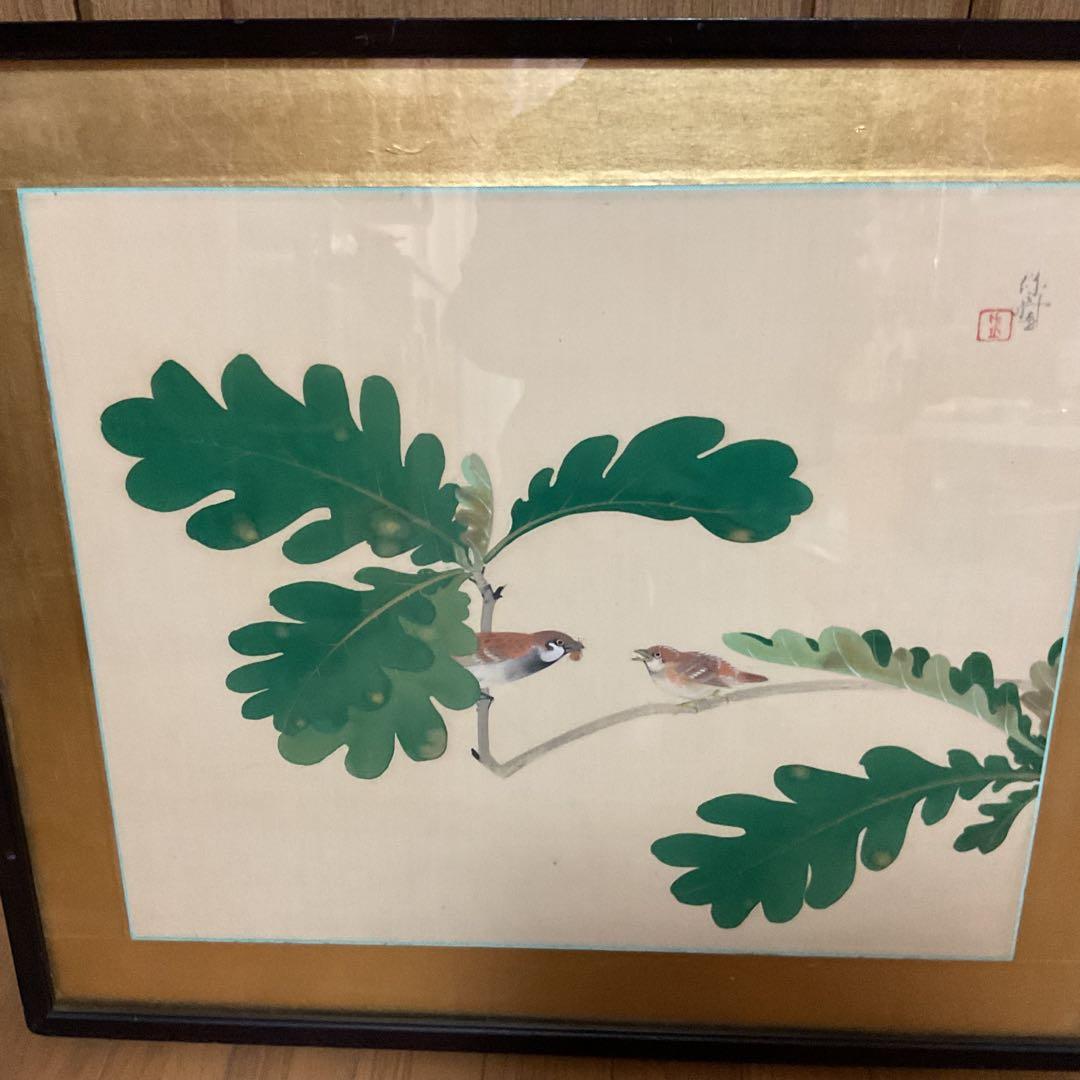 作者不詳作 落款印譜在 絹本花鳥画 無花果に雀図 額装仕立て