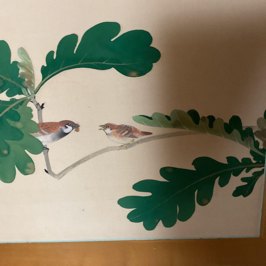 作者不詳作 落款印譜在 絹本花鳥画 無花果に雀図 額装仕立て