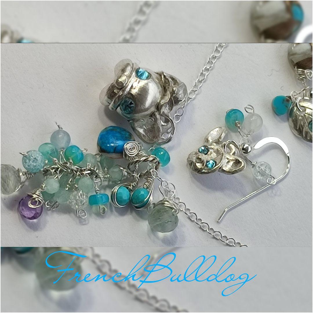 純銀 『フレンチブルドック　スリーピングビューティーターコイズネックレス』