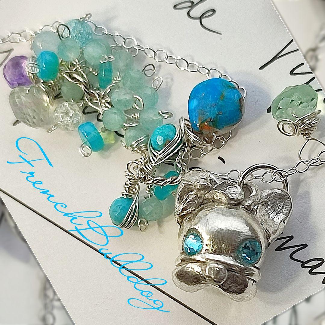 純銀 『フレンチブルドック　スリーピングビューティーターコイズネックレス』