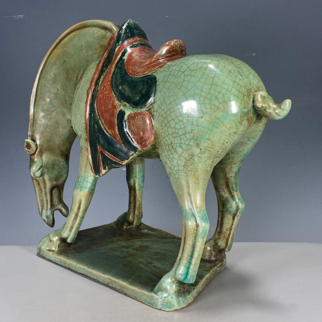 中国美術 緑釉開片馬 文房置物 案頭 風水 開運