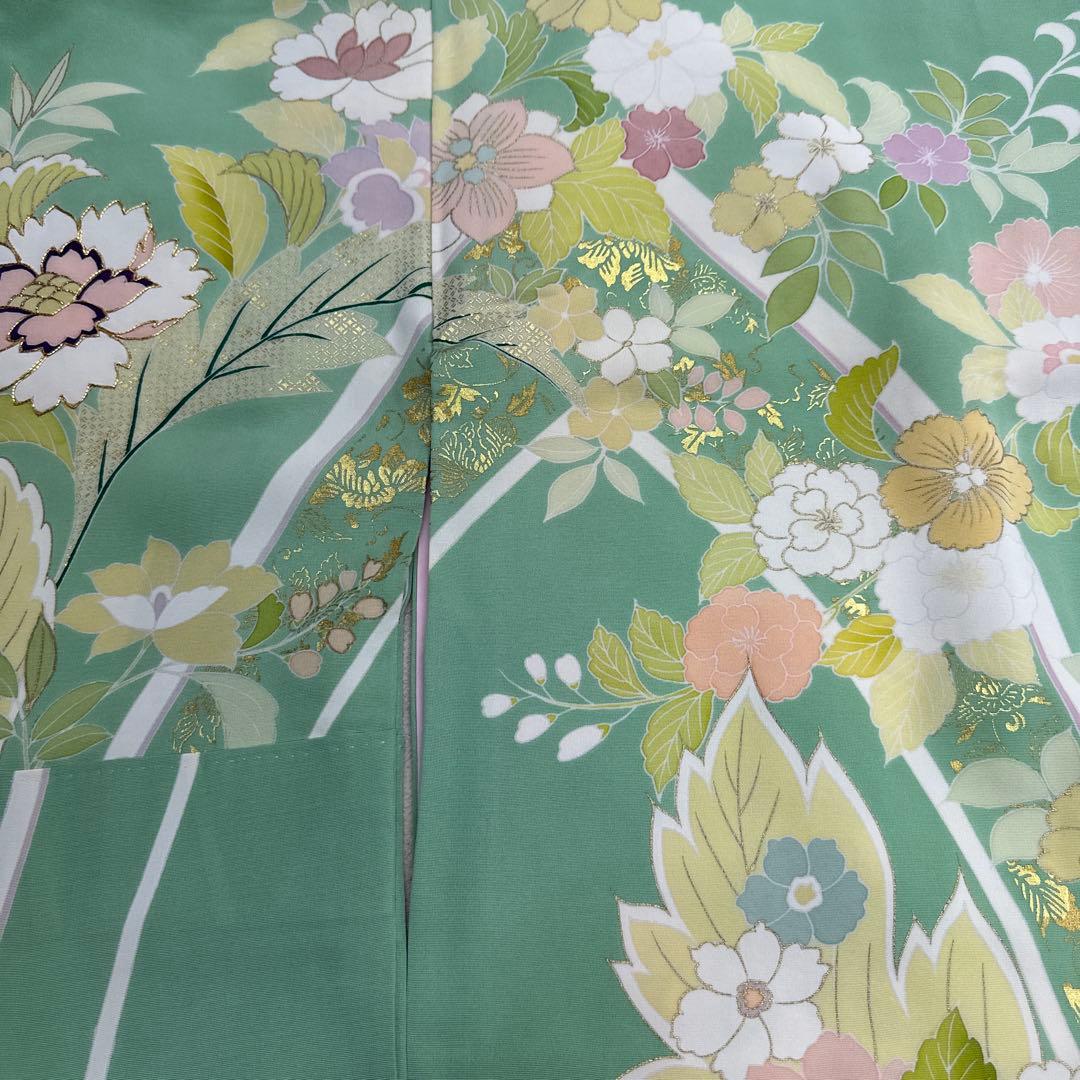 千總 京友禅 華文 グリーン系 刺繍 振袖