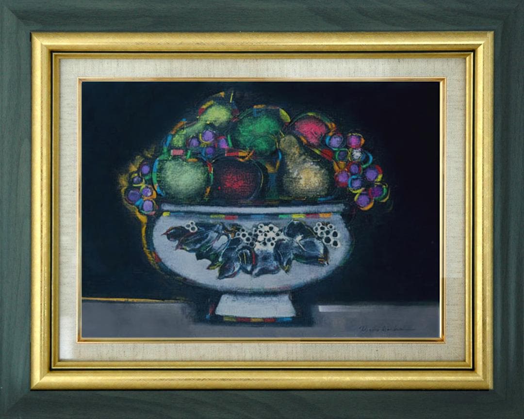 油絵 絵 絵画 インテリア 額付(青緑＋金色の枠uF6-062004 静物果物