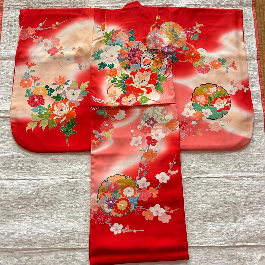 七五三 3歳 総絞り 被布 着物 絹 三歳 赤 草履 753 女の子 友禅染