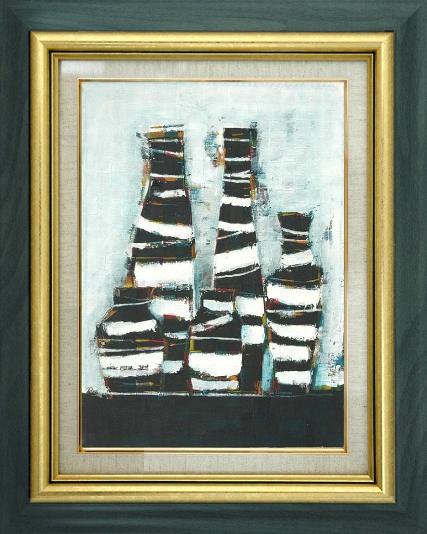 油絵 菅家令子 絵 絵画インテリア額付(青緑＋金色の枠)uF6-063104花瓶