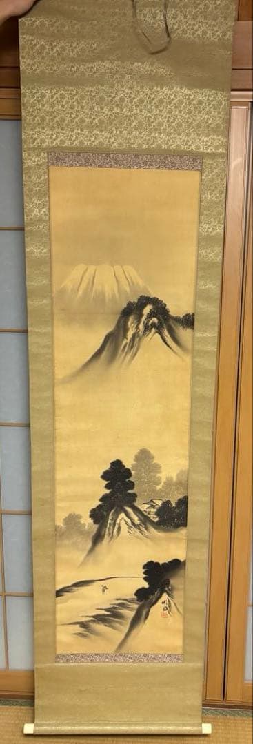 水墨画 掛軸 山と川の風景