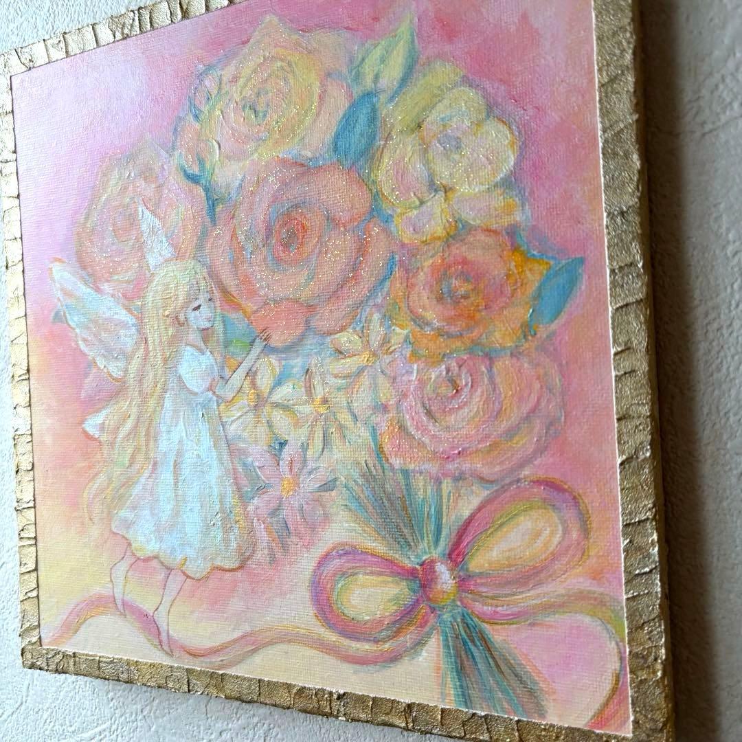 花束と天使のアクリル画 原画　癒しのインテリア テクスチャーアート