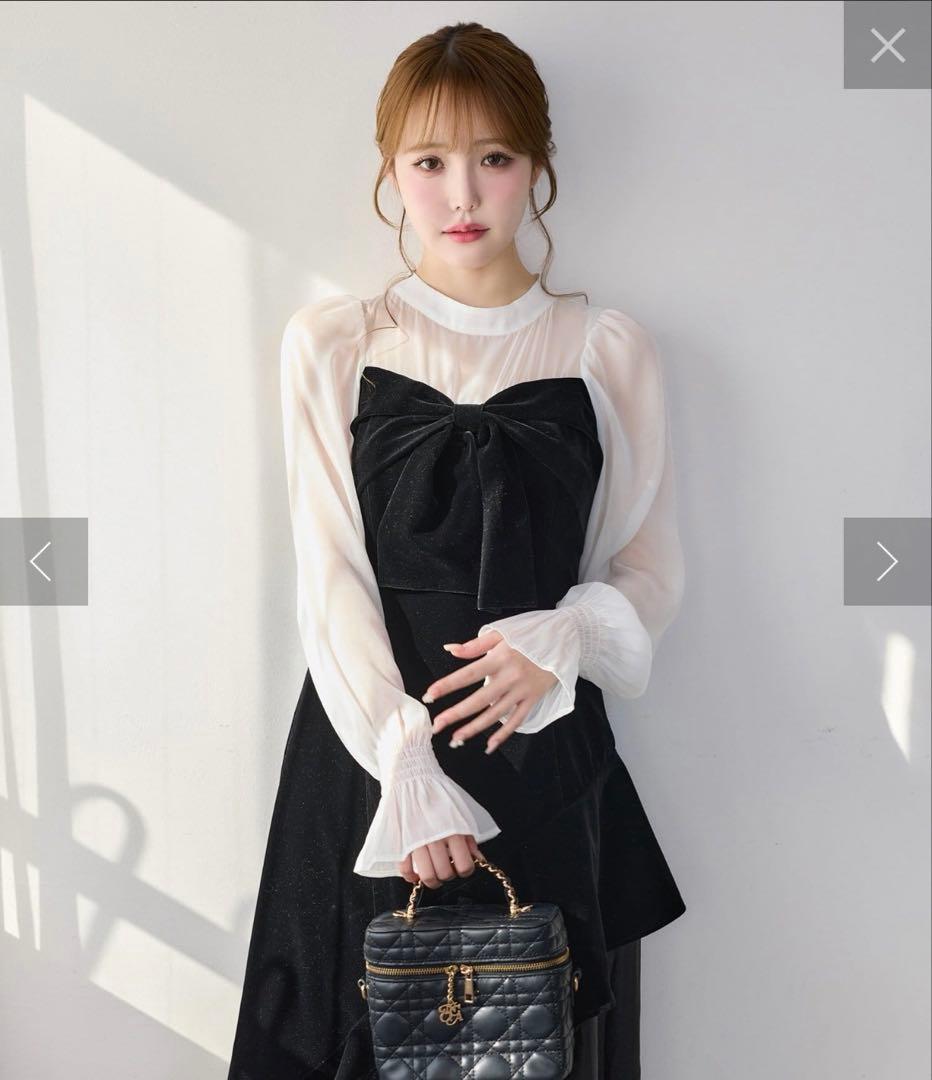 nice claup ベロアリボン異素材ワンピース