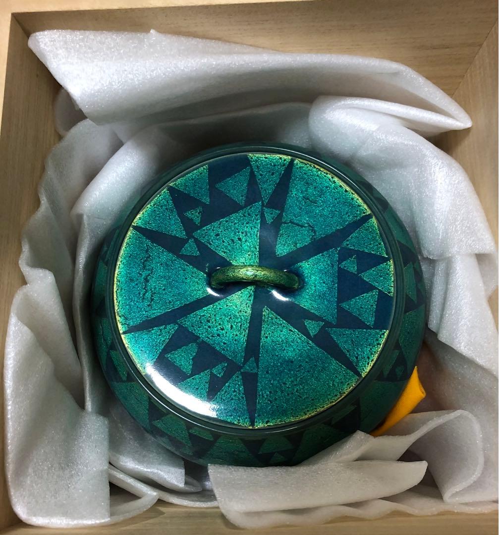 佐賀県を代表する陶芸家　小野珀子　青緑色の釉裏金彩　水指 木箱付き