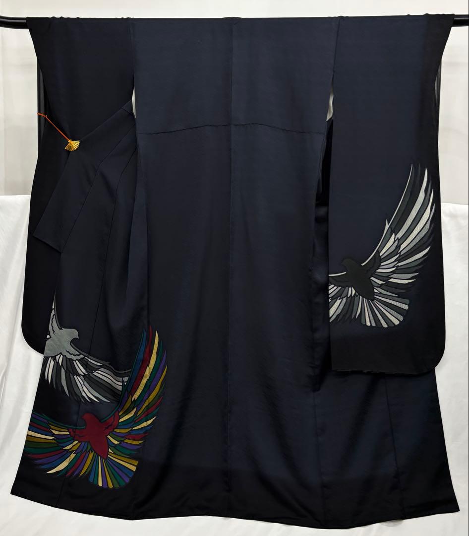 斉藤三才　成人式振袖　長襦袢付　着物　正絹　鳩／濃紺系《き676》#江戸小もーん