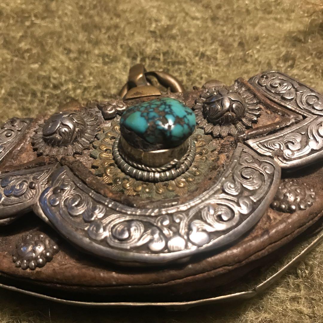 チベッタントルコ石　アンティークレザークラフト　シルバーワーク