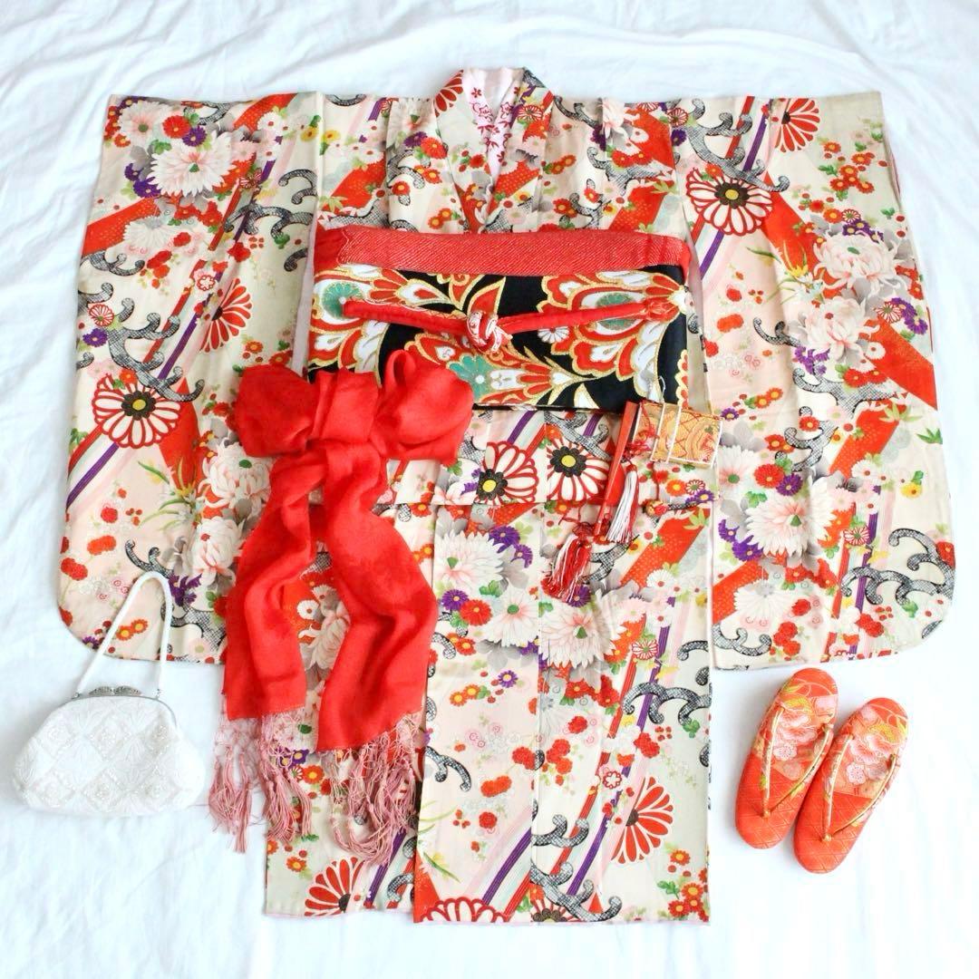 七五三 7歳 女の子 子供 アンティーク 着物 帯 セット