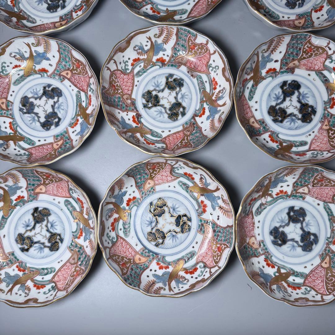 豪商旧蔵品　明治期　色絵鯉千鳥文膾皿　金蘭手　二十客　上手　金鯉　松竹梅　青海波