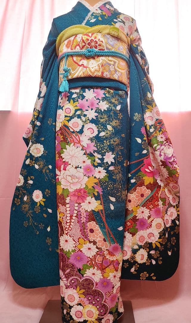 正絹　振袖　袋帯　帯揚げ　帯締め　青緑