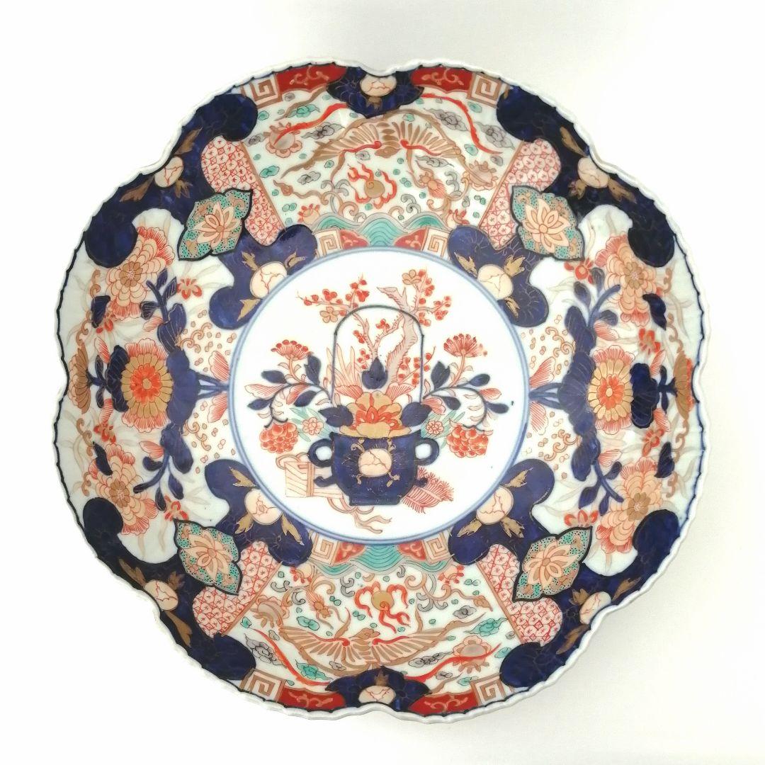 明治前期　色絵　花籠　龍と鳳凰　唐花　蝶　輪花　大鉢