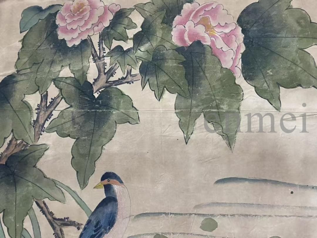 中国古美術・旧藏・明末風・周之冕款・花鳥画・絹本中堂掛軸・純手描き・書画・骨董品