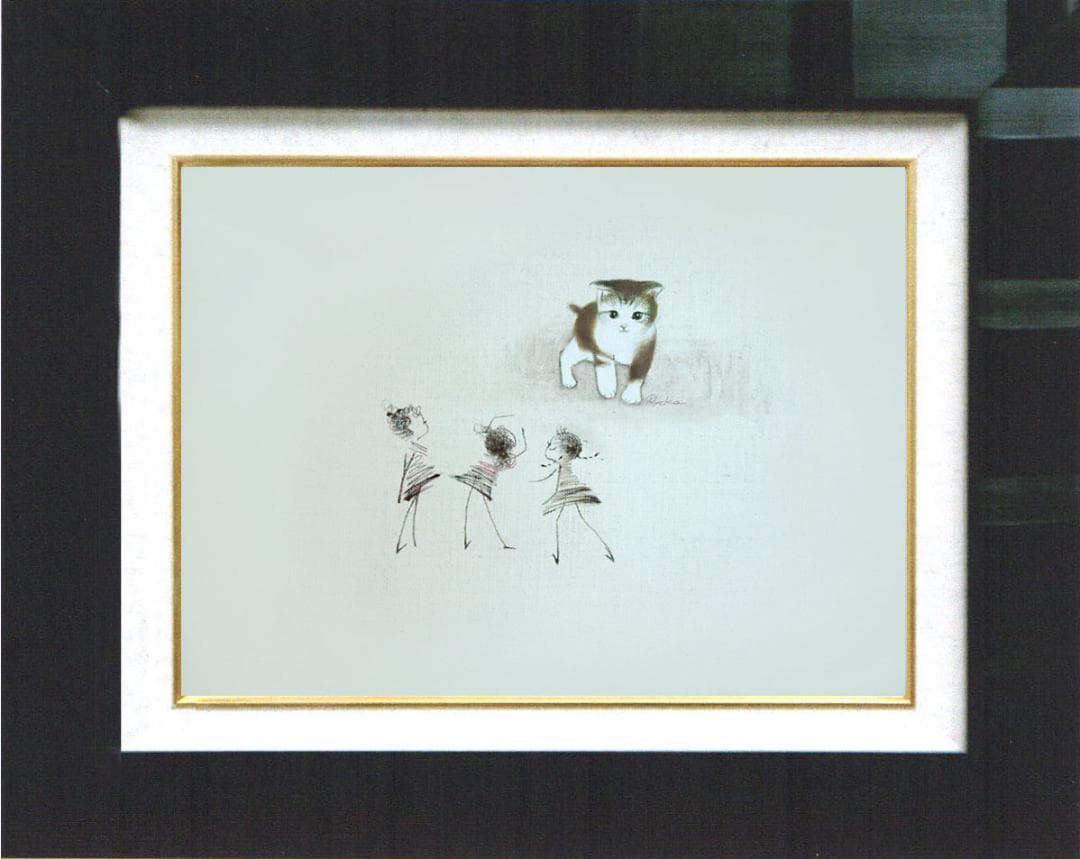 油絵 菅家令子 絵 絵画 インテリア額付(黒) F4-090218子猫と女の子蟻