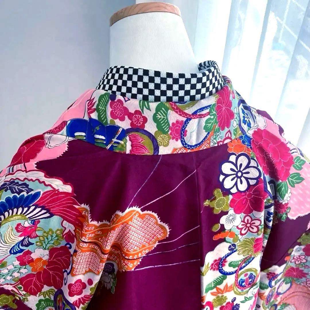 アンティーク着物　子供用　しつけ付　鳳凰・花模様　地紋　正絹　No.35