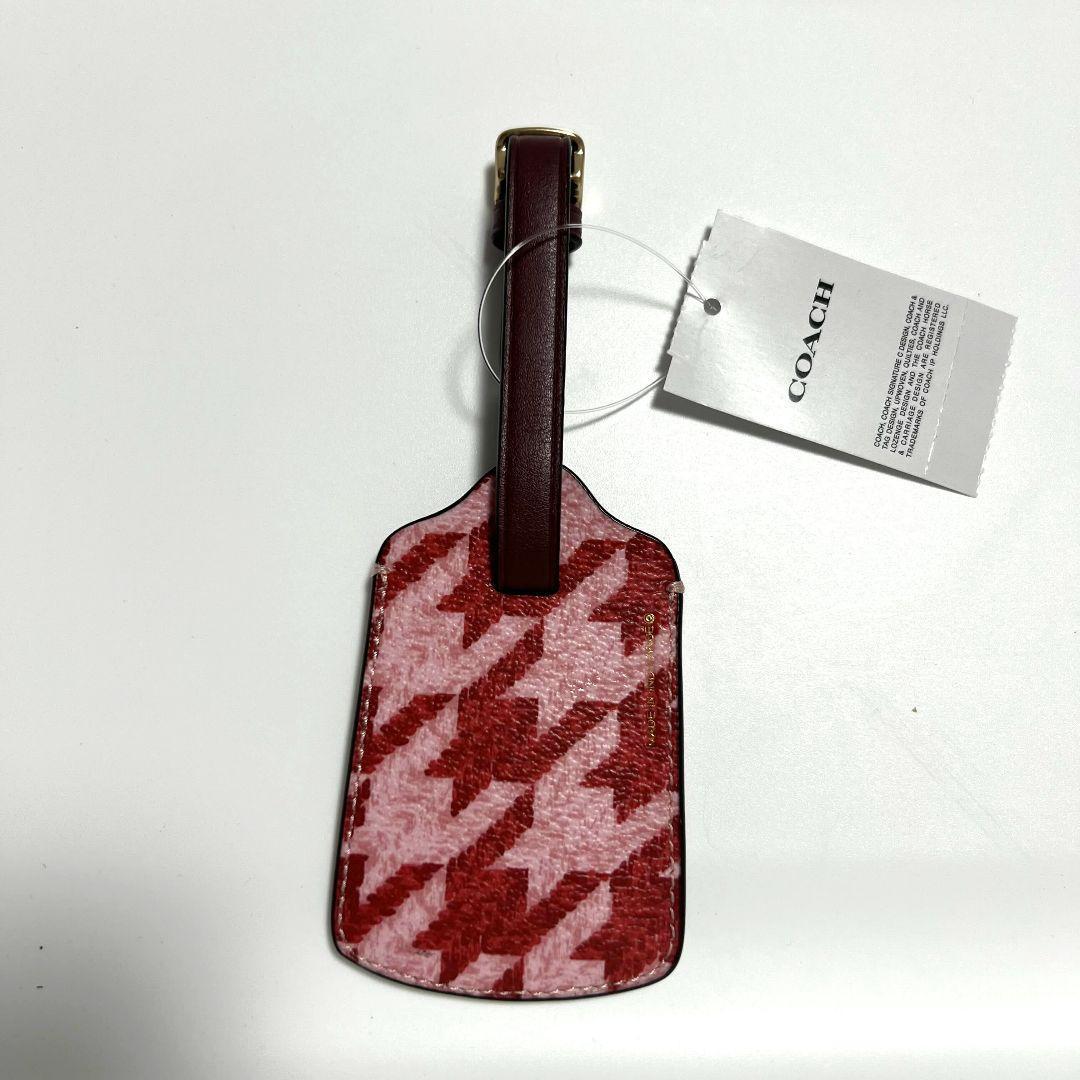 コーチ ラゲッジタグ 千鳥格子柄 ピンク トラベルタグ バッグチャーム