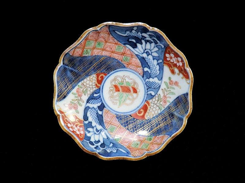 大聖寺伊万里　染錦　捻り紋　芭蕉葉に巻物　３寸半皿 ５枚　C840AS-BQo