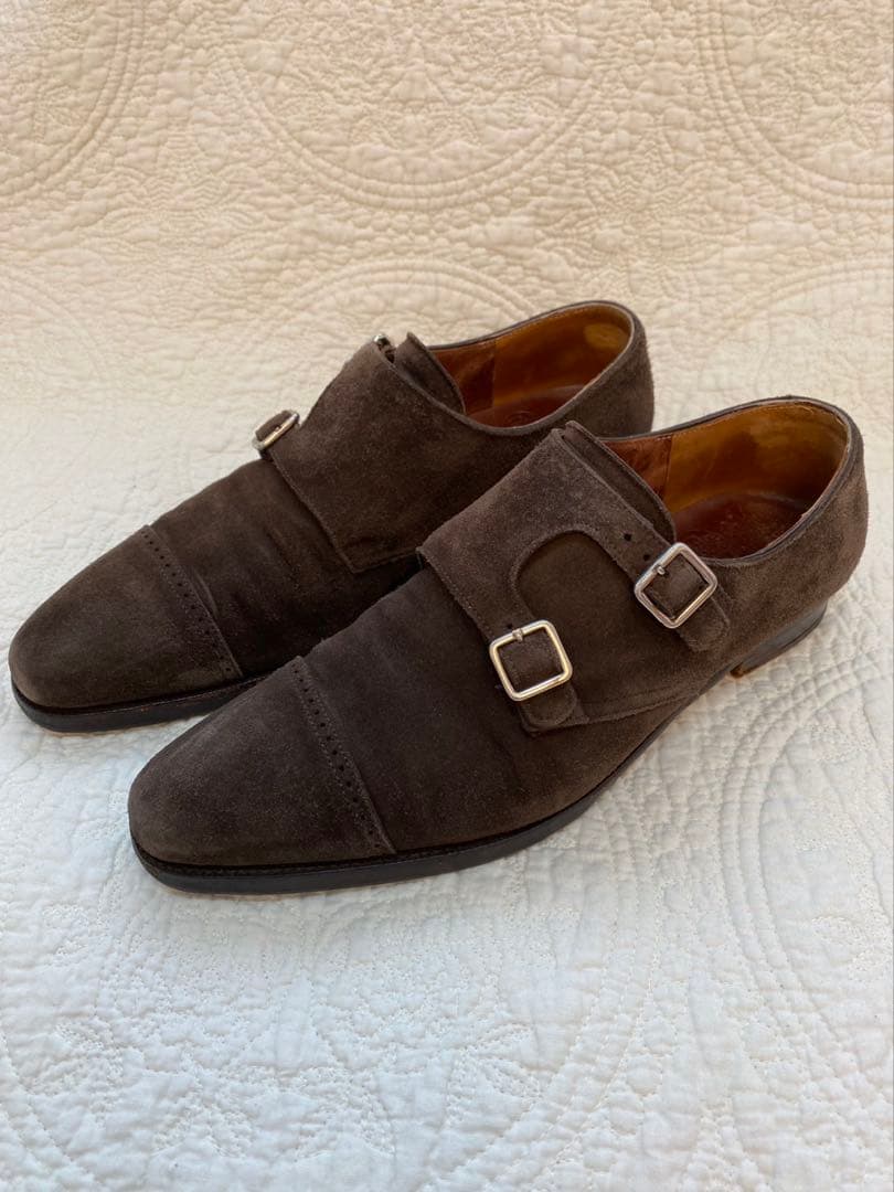 【クロケットジョーンズ】ダークブラウン スエード ダブルモンクストラップシューズ