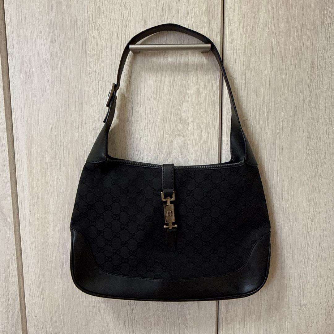 GUCCI ワンショルダーバッグ　ジャッキー　GG柄　キャンバス　黒　レザー