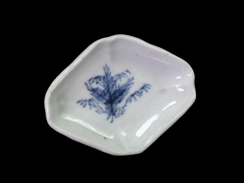 古伊万里　染付　若松に笹の図　菱形変形皿　豆皿　江戸期　E496AS-CUi