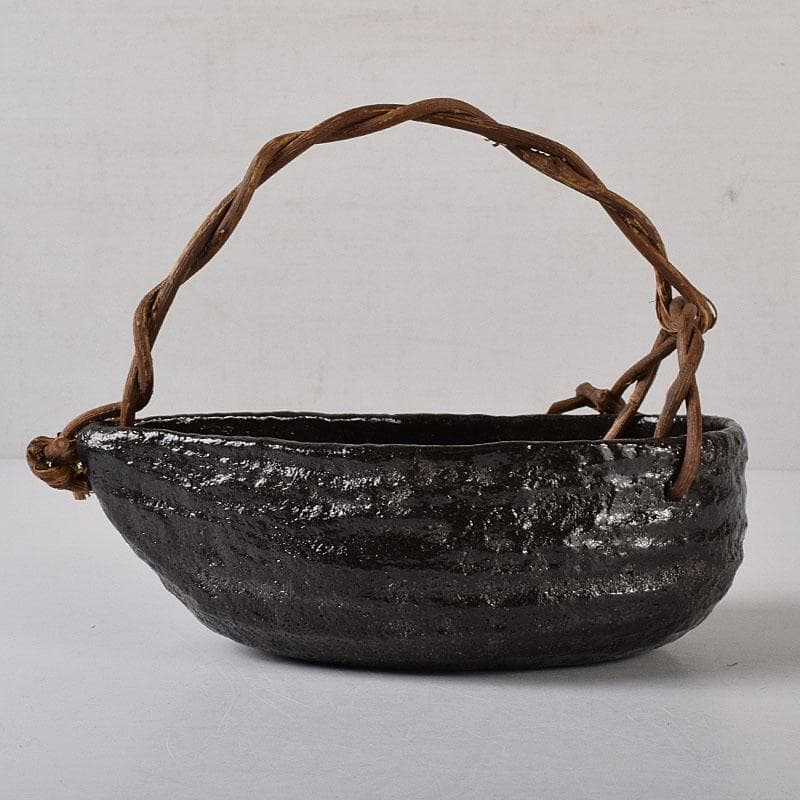 茶道具　伊曽嶋窯　渓古石香作　黒釣舟花入　共布　堀内宗完極め箱　C　R8476