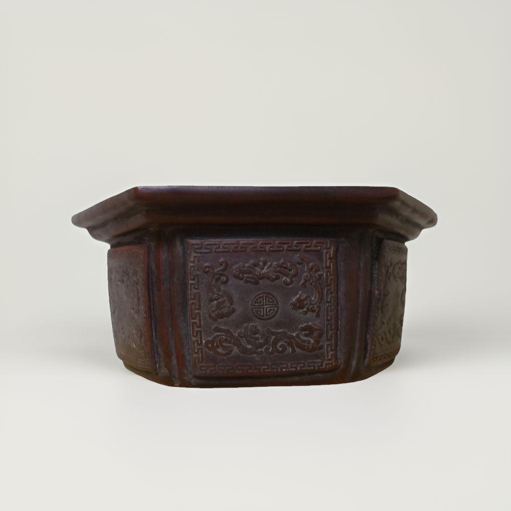 【浙寧玉成窯造】中国古美術 八角形陶器鉢 紫砂陶芸 ダークブラウン 落款あり