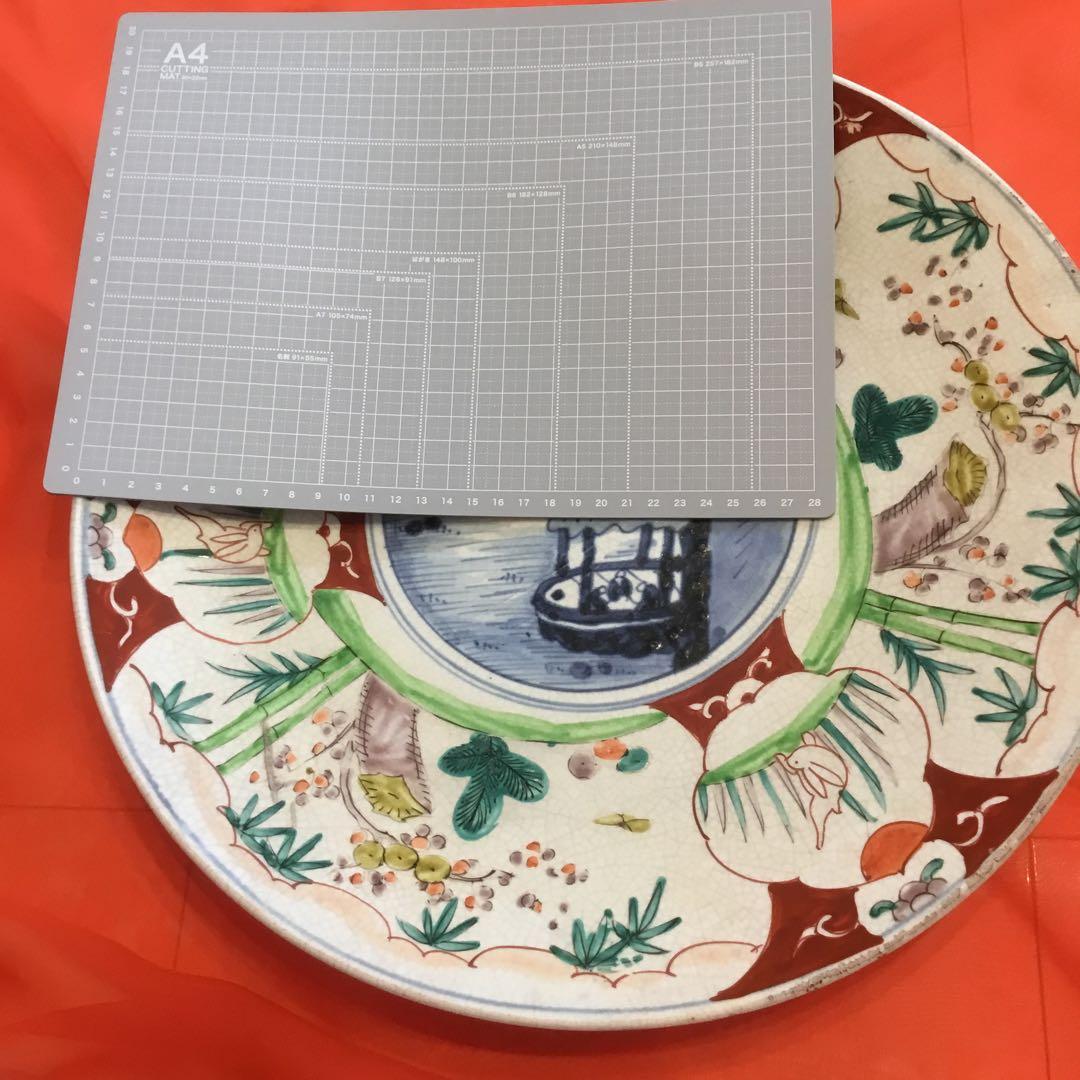 風景画と花模様の茶碗　アンティーク古い　大皿　飾り皿　約39センチ