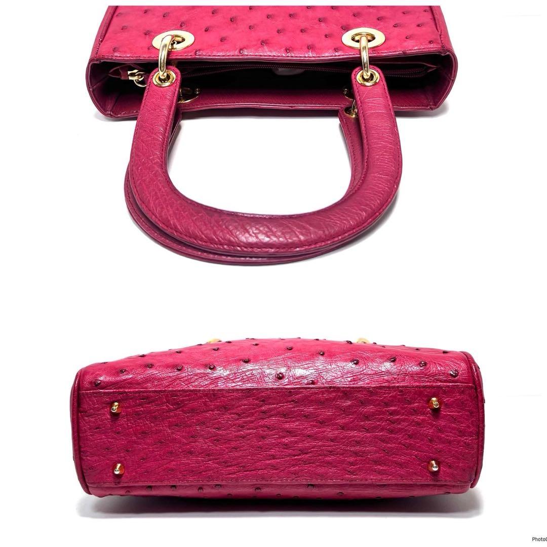 【美品】Ostrich leather オーストリッチ/レッド系色/ハンドバッグ