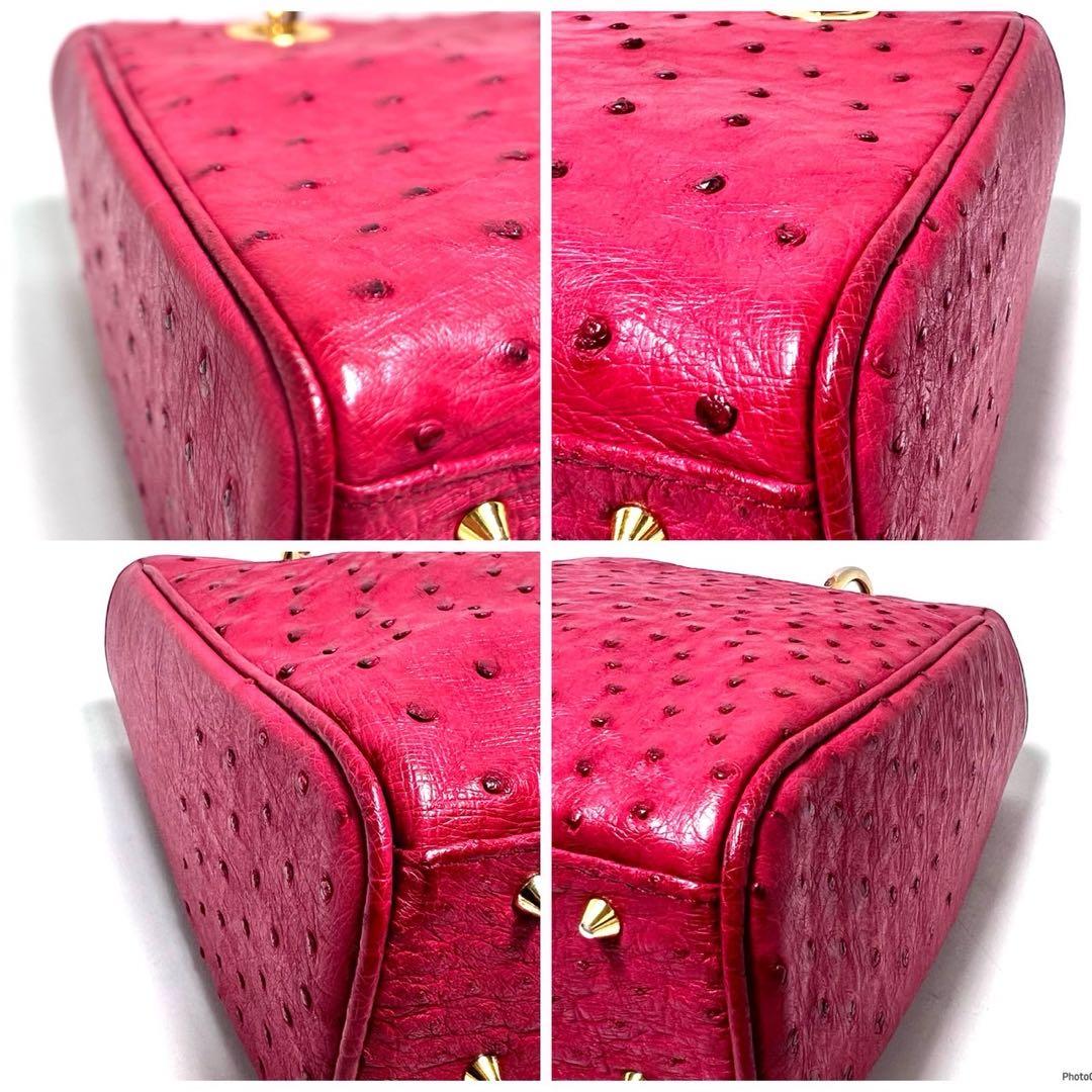 【美品】Ostrich leather オーストリッチ/レッド系色/ハンドバッグ