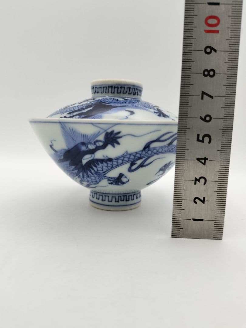 a981 蓋付碗　5客組 染付 龍の絵 爪5本 宝珠 祖母懐 古物 懐石 会席